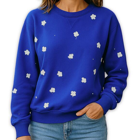 Quacker Factory Blue Shamrock Clover Pullover St Patricks Day Sweatshirt Small - Picture 1 of 9